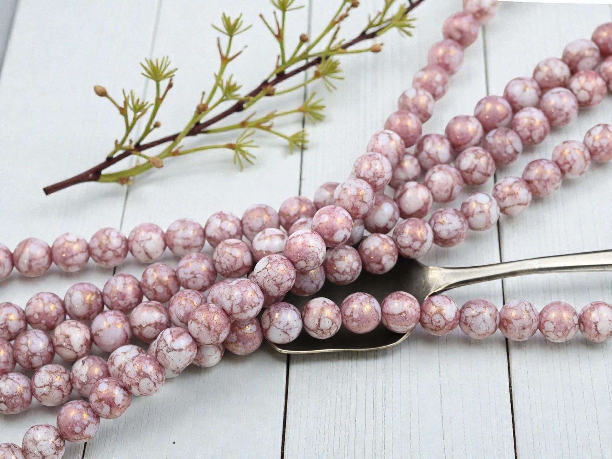 Czech Pressed Glass 8mm Round Druk Beads - Alabaster Pink Picasso - 20pcs - (A51)