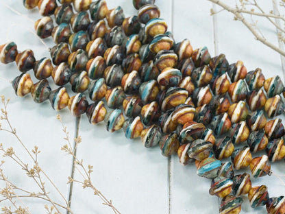 Czech Glass Fire Polished Saturn Beads - Blended Teal Aqua + White Picasso - 8x10mm - 15pcs - (4234)