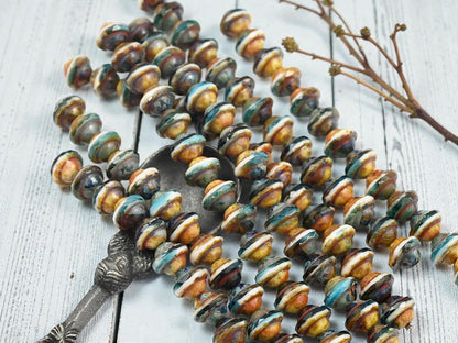 Czech Glass Fire Polished Saturn Beads - Blended Teal Aqua + White Picasso - 8x10mm - 15pcs - (4234)