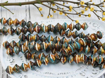Czech Glass Fire Polished Saturn Beads - Blended Teal Aqua + White Picasso - 8x10mm - 15pcs - (4234)