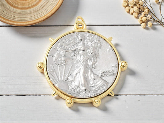 Mixed Metal Gold + Silver Ancient Roman Coin Style Pendant - 38x35mm - 1pcs - (A177)