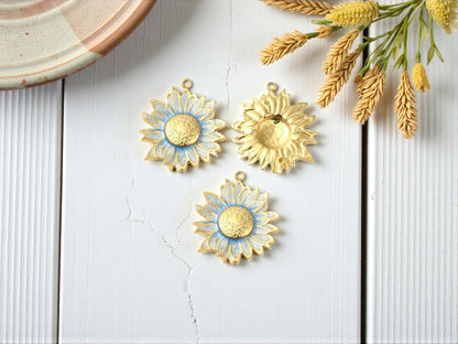 18k Gold Plated Stainless Steel Blue Daisy Charms - 24x21mm - 2pcs - (A205)