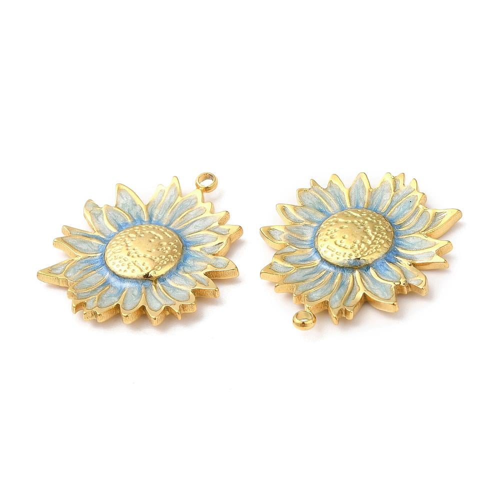 18k Gold Plated Stainless Steel Blue Daisy Charms - 24x21mm - 2pcs - (A205)