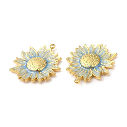 18k Gold Plated Stainless Steel Blue Daisy Charms - 24x21mm - 2pcs - (A205)