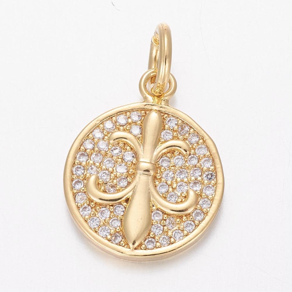 Long Lasting Gold Plated Brass Micro Pave Cubic Zirconia Fleur De Lis Charms - 16x13mm - 2pcs - (6050)