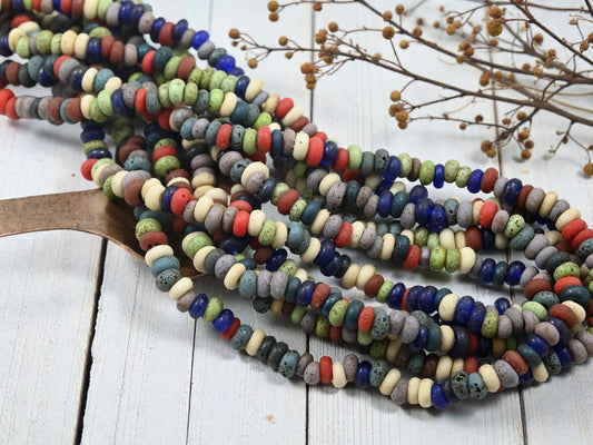 Indonesian Java Glass Beads -Multicolor Aged Donut - Approx 4x7mm - 20" Strand - (A393)