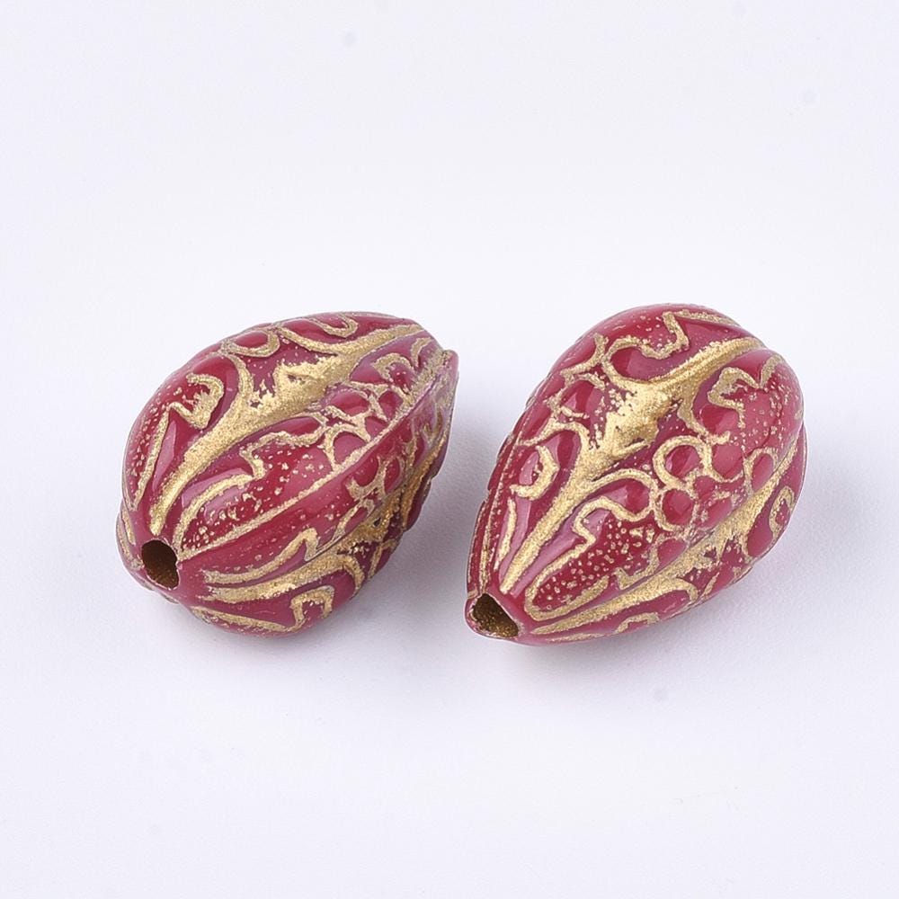 Gilded Red Vintage Style Acrylic Drop Beads - Lightweight - 19x11mm - 10pcs - (2033)