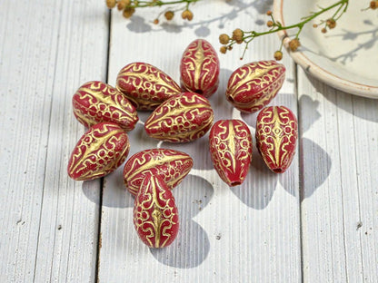 Gilded Red Vintage Style Acrylic Drop Beads - Lightweight - 19x11mm - 10pcs - (2033)