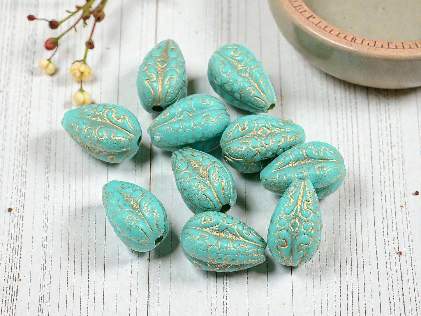 Gilded Turquoise Vintage Style Acrylic Drop Beads - Lightweight - 19x11mm - 10pcs - (2607)