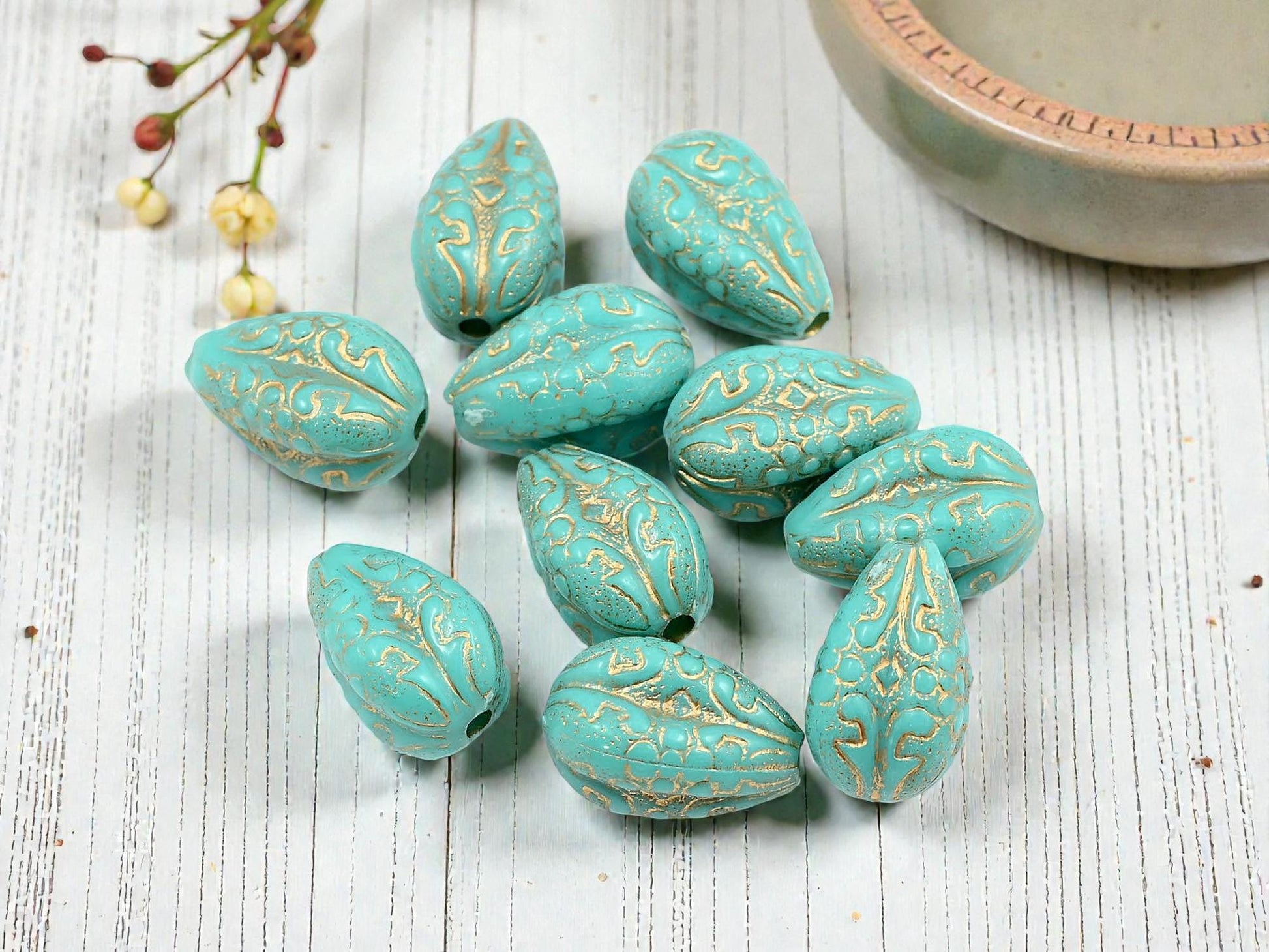 Gilded Turquoise Vintage Style Acrylic Drop Beads - Lightweight - 19x11mm - 10pcs - (2607)