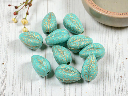 Gilded Turquoise Vintage Style Acrylic Drop Beads - Lightweight - 19x11mm - 10pcs - (2607)