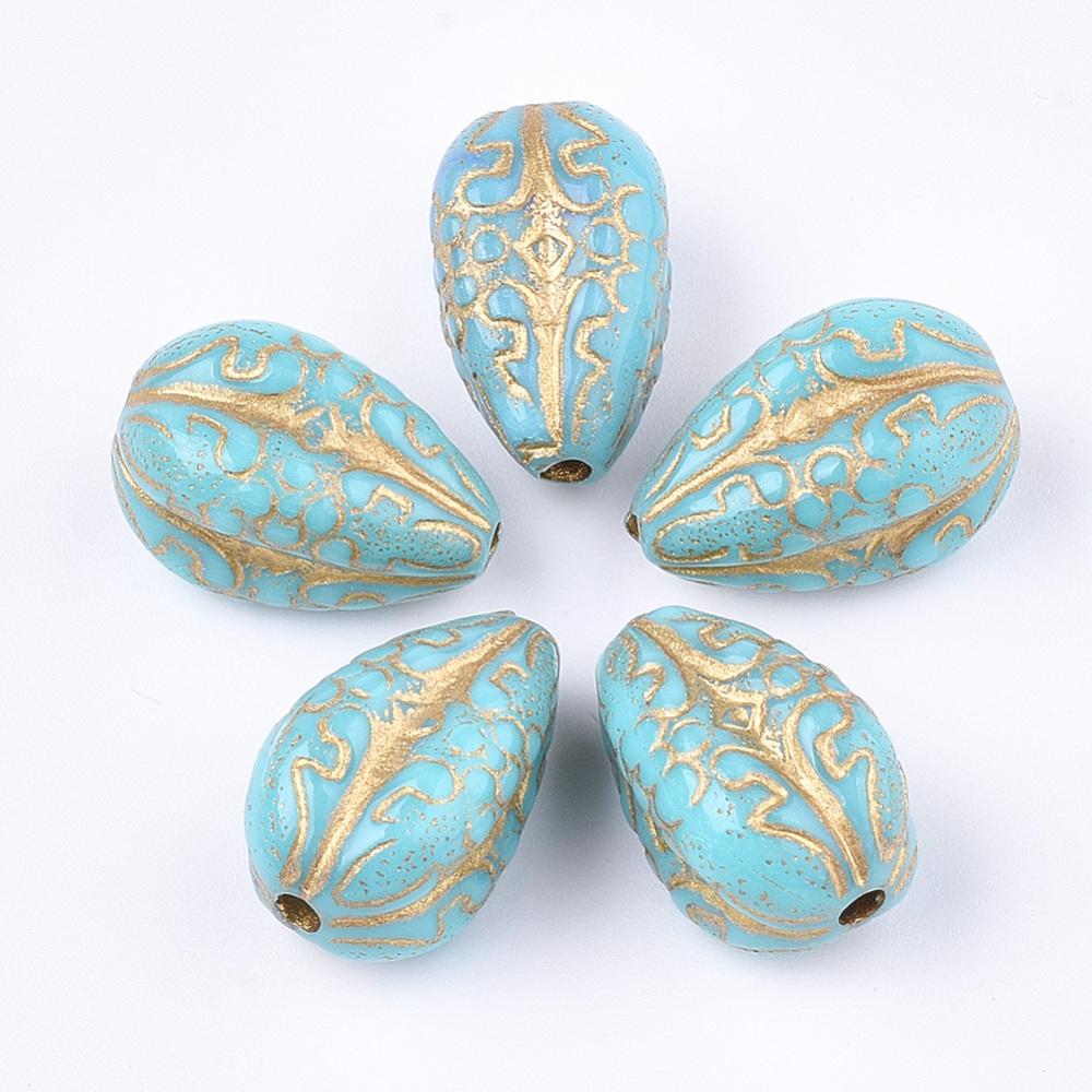 Gilded Turquoise Vintage Style Acrylic Drop Beads - Lightweight - 19x11mm - 10pcs - (2607)