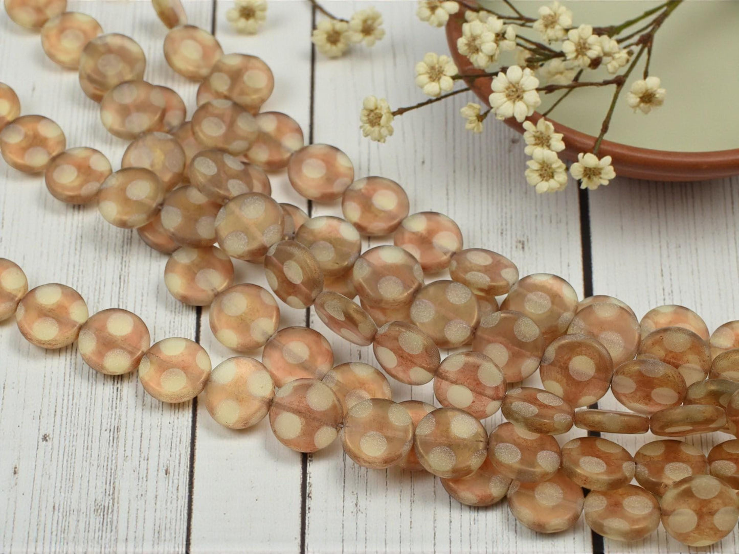 Old Stock Czech Glass Airbrushed Coin Beads - Peridot Rose Gold Luster - 14mm - 15pcs - (A426)