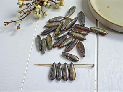 Czech Glass Beads - Dagger Beads - 5x16mm Dagger - Picasso Beads - 25pcs - (2576)