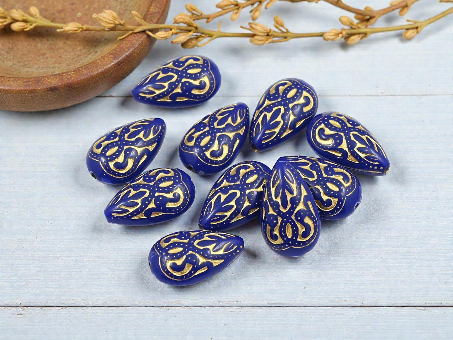 Gilded Indigo Vintage Style Acrylic Tear Drop Beads - Lightweight - 18x12mm - 10pcs - (5120)
