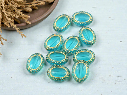Gilded Aqua Acrylic Ornate Oval Beads - Lightweight - 18x13mm - 10pcs - (A639)