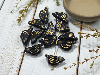 Gilded Black Acrylic Bird Beads - Lightweight - 20x10x6mm - 12pcs - (B810)