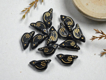 Gilded Black Acrylic Bird Beads - Lightweight - 20x10x6mm - 12pcs - (B810)
