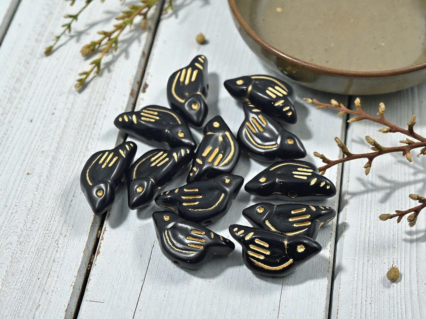 Gilded Black Acrylic Bird Beads - Lightweight - 20x10x6mm - 12pcs - (B810)