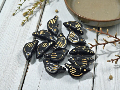 Gilded Black Acrylic Bird Beads - Lightweight - 20x10x6mm - 12pcs - (B810)