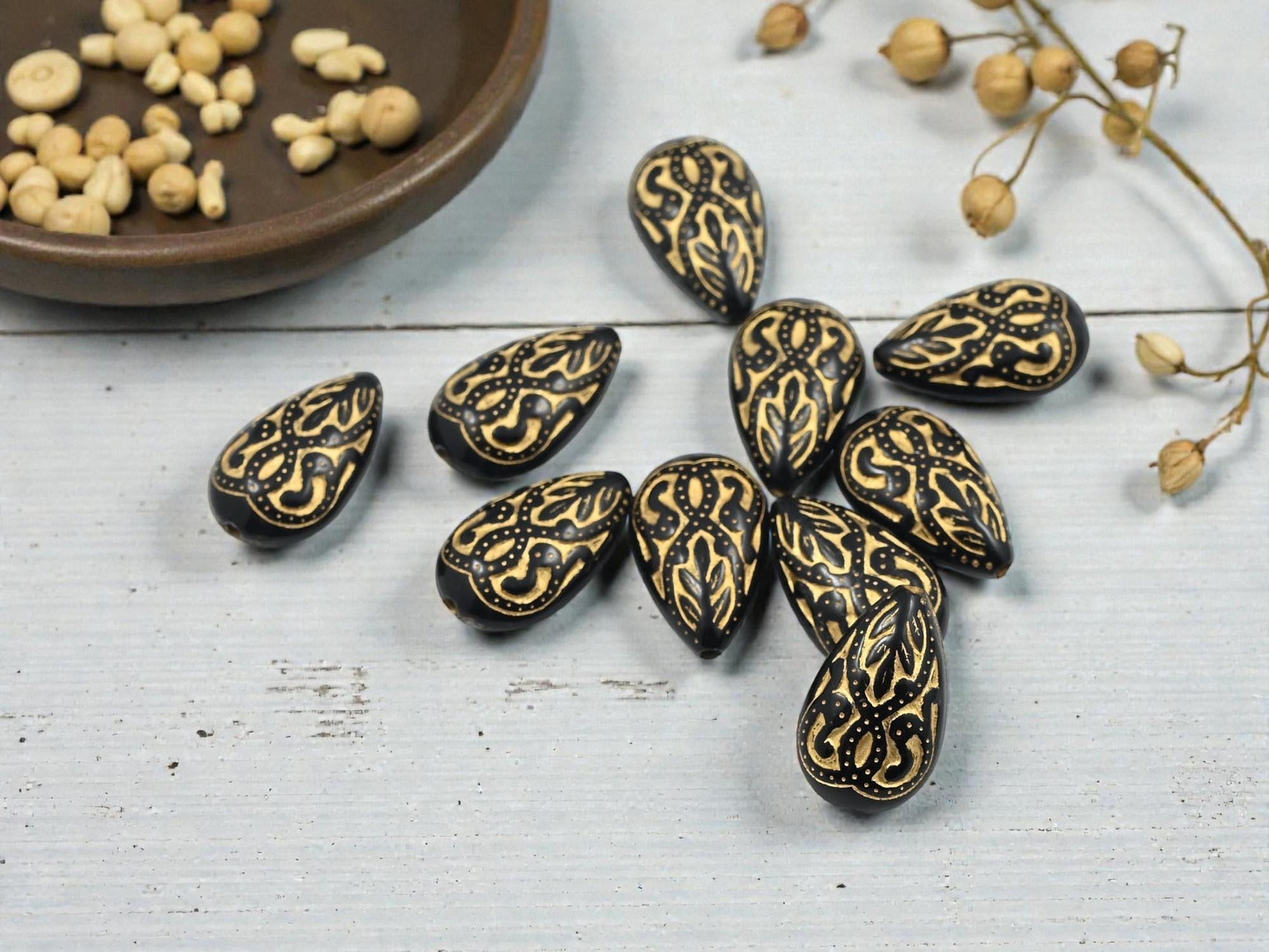 Gilded Black Vintage Style Acrylic Tear Drop Beads - Lightweight - 18x12mm - 10pcs - (1021)