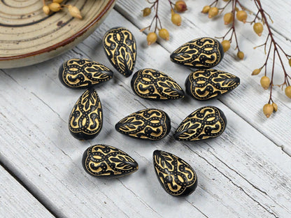 Gilded Black Vintage Style Acrylic Tear Drop Beads - Lightweight - 18x12mm - 10pcs - (1021)
