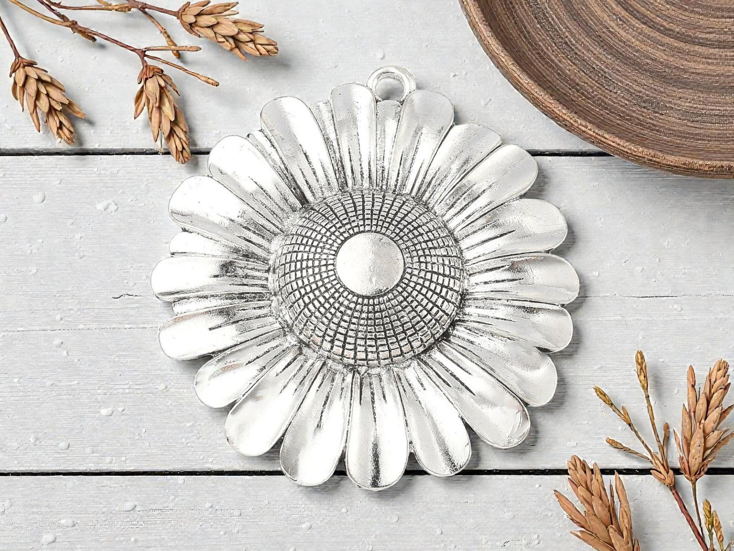 Antique Silver Metal Sunflower Pendant with Bail - 70x66mm - 1pcs - (A697)
