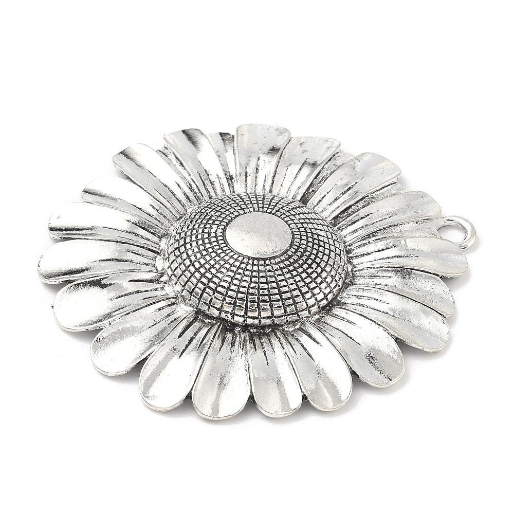 Antique Silver Metal Sunflower Pendant with Bail - 70x66mm - 1pcs - (A697)