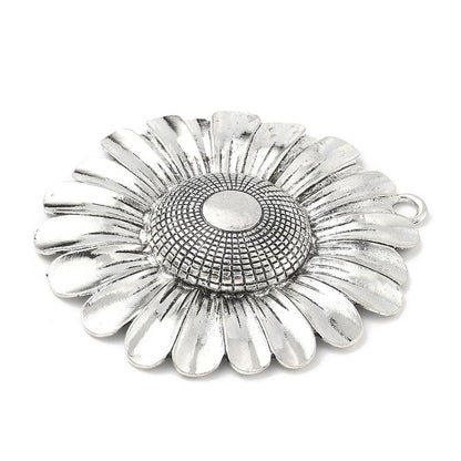 Antique Silver Metal Sunflower Pendant with Bail - 70x66mm - 1pcs - (A697)