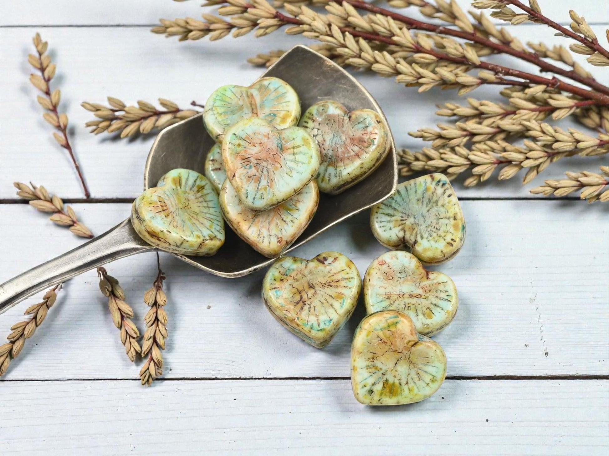 Czech Glass Rustic Green Picasso Flaming Heart Beads - 14mm - 10pcs - (5559)