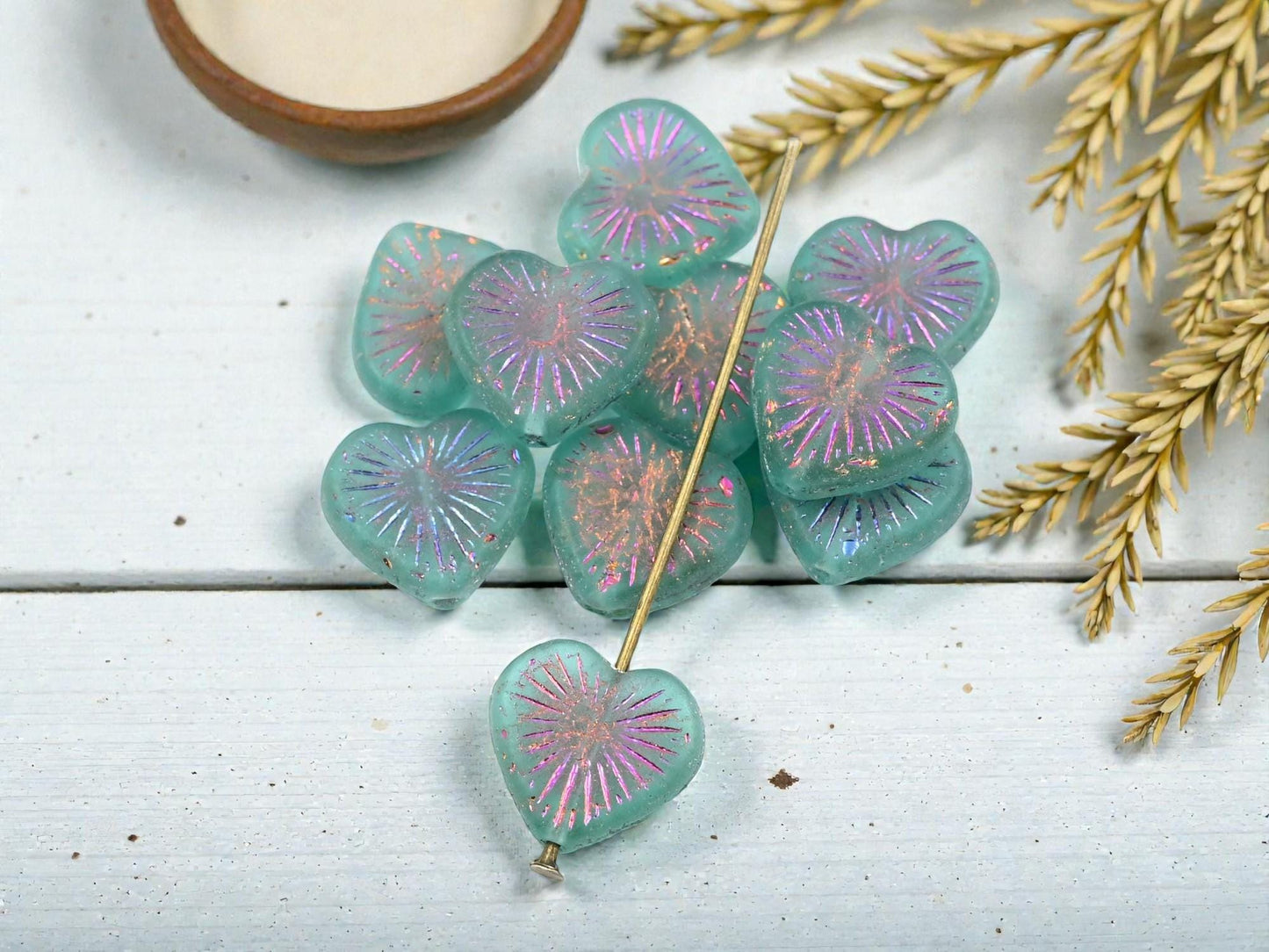 Czech Glass Metallic Volcano Washed Matte Teal Flaming Heart Beads - 14mm - 10pcs - (6180)