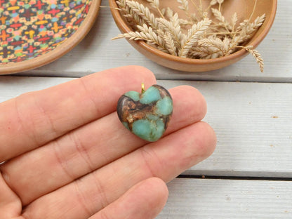 Bronzite Aqua Terra Gemstone Pendant - Heart Pendant Charm - 22x19mm - 1pc - (A478)