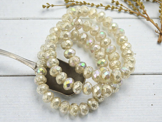 Czech Glass Faceted Fire Polished Rondelle Beads - Antique Silver Washed Crystal AB - 6x8mm - 25pcs - (5599)