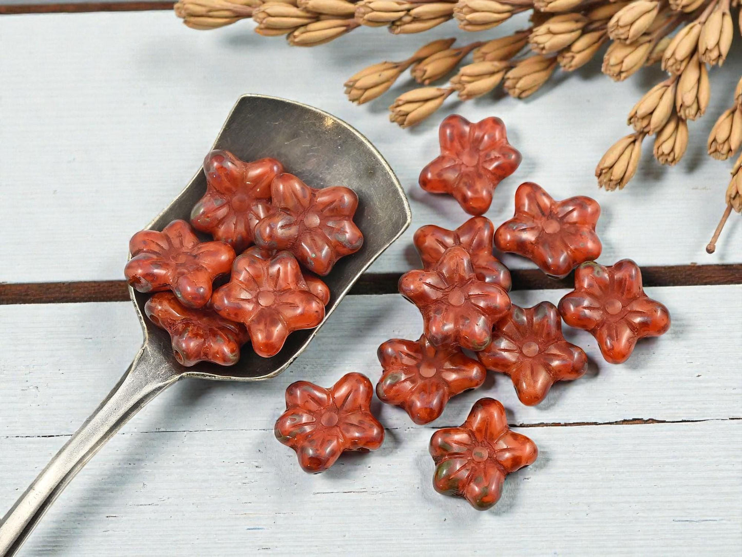 Czech Glass Orange Silk Opaline Picasso 2 Hole Flower Beads - 12x14mm - 15pcs - (1283)