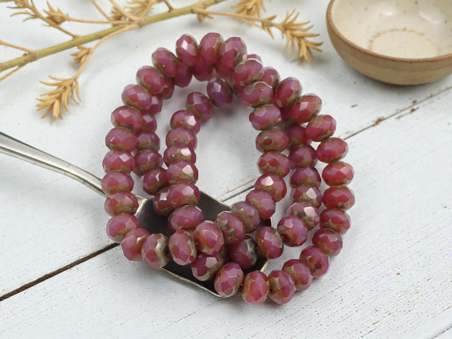 Czech Glass Faceted Fire Polished Rondelle Beads - Vintage Pink Opaline Picasso - 6x8mm - 25pcs - (B913)