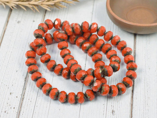 Czech Glass Faceted Fire Polished Rondelle Beads - Orange Opaline Picasso - 6x8mm - 25pcs - (4285)