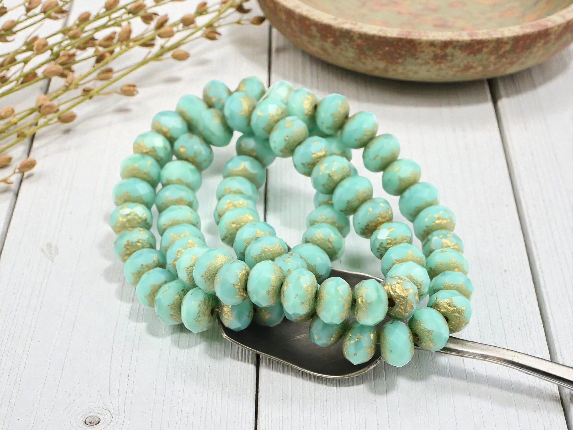 Czech Glass Faceted Fire Polished Rondelle Beads - Gold Etched Aqua Silk - 6x8mm - 25pcs - (3567)
