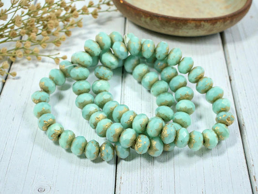 Czech Glass Faceted Fire Polished Rondelle Beads - Gold Etched Aqua Silk - 6x8mm - 25pcs - (3567)