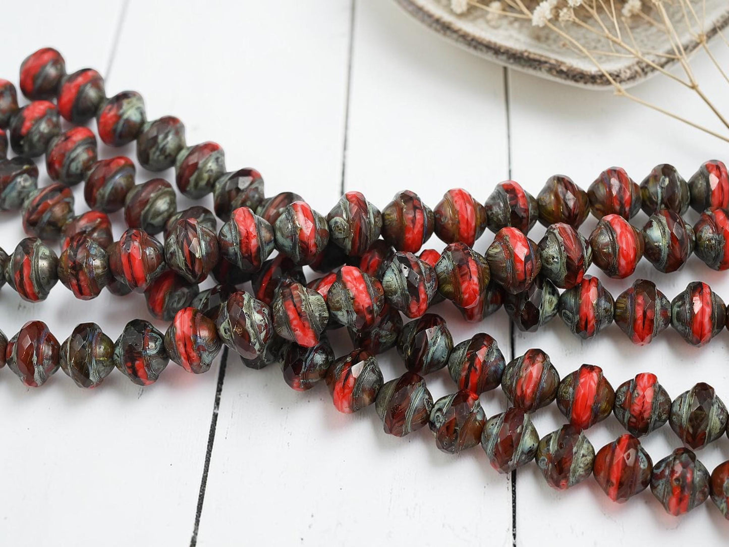 Czech Glass Fire Polished Saturn Beads - Blended Coral Picasso - 8x10mm - 19pcs - (B230)