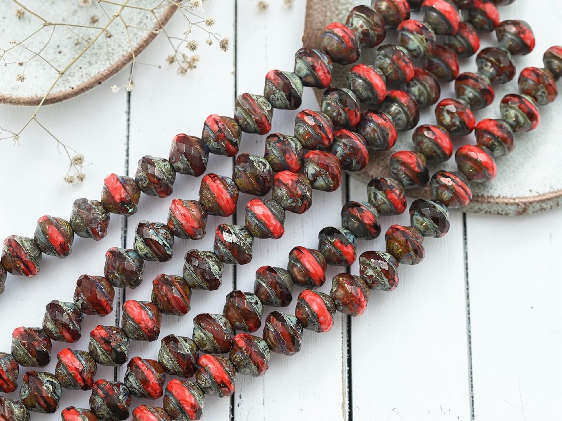 Czech Glass Fire Polished Saturn Beads - Blended Coral Picasso - 8x10mm - 19pcs - (B230)
