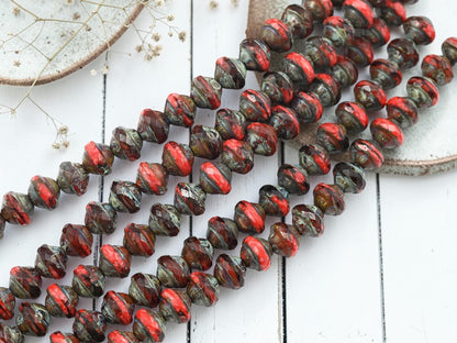 Czech Glass Fire Polished Saturn Beads - Blended Coral Picasso - 8x10mm - 19pcs - (B230)