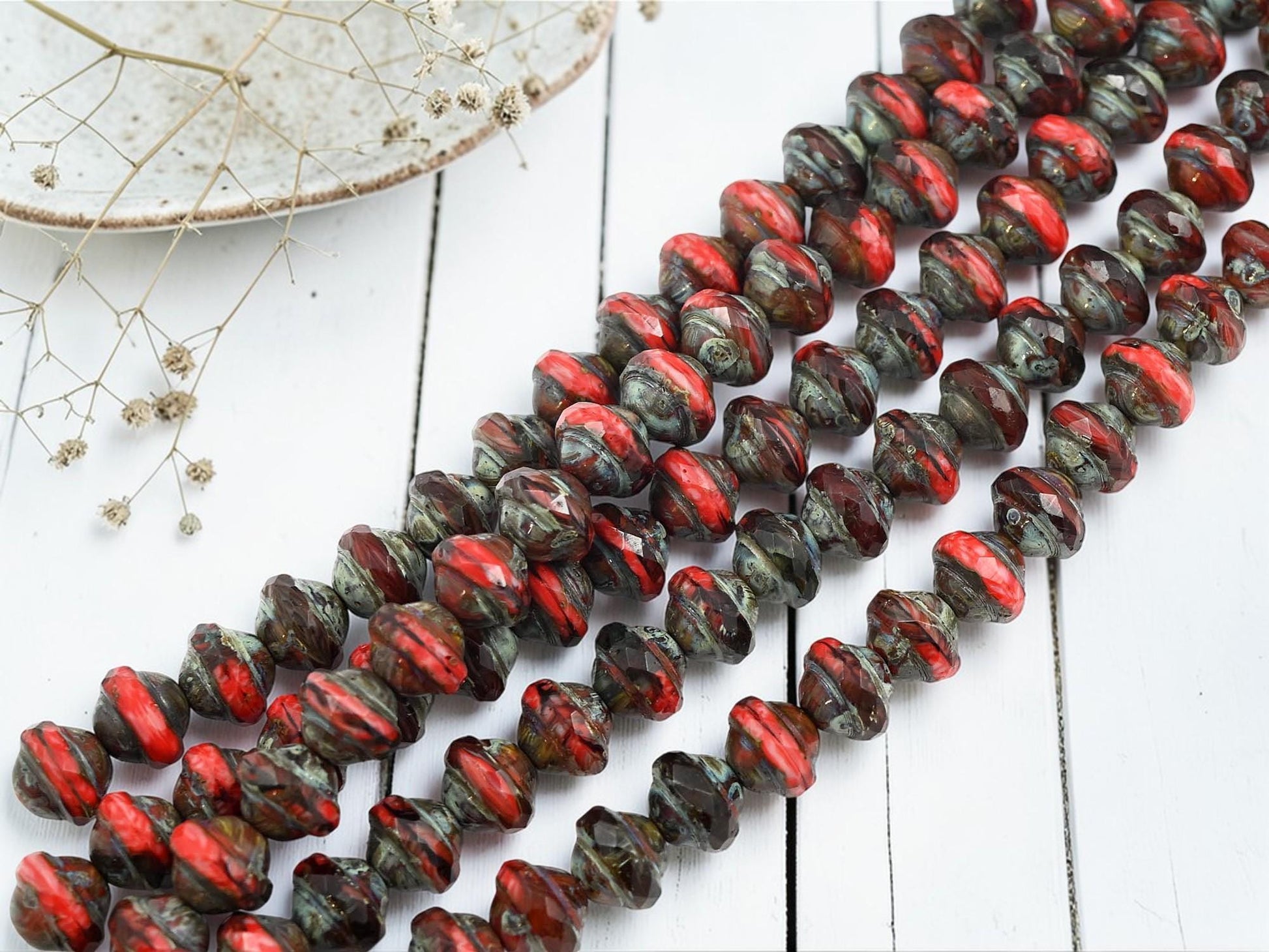 Czech Glass Fire Polished Saturn Beads - Blended Coral Picasso - 8x10mm - 19pcs - (B230)
