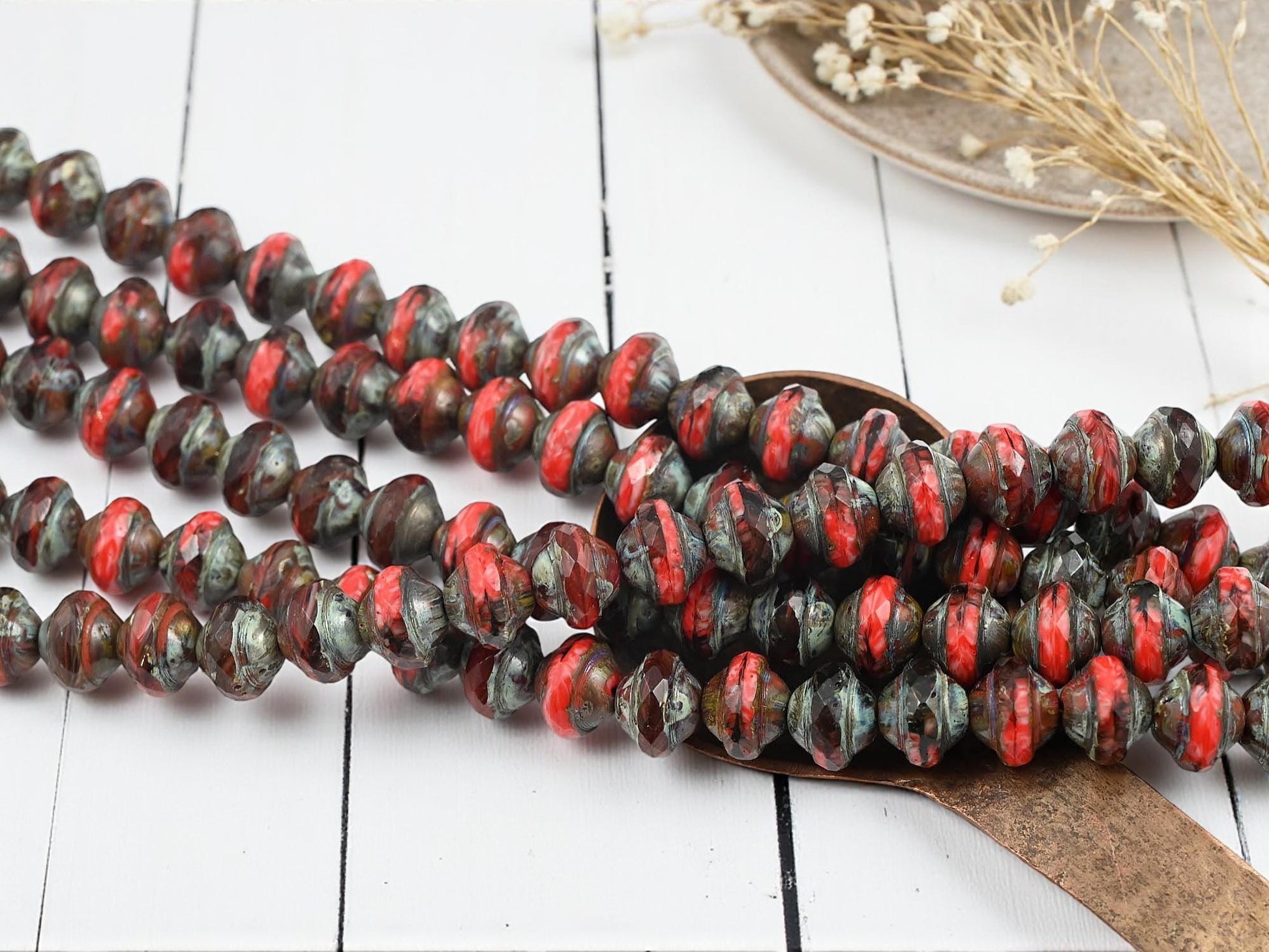Czech Glass Fire Polished Saturn Beads - Blended Coral Picasso - 8x10mm - 19pcs - (B230)