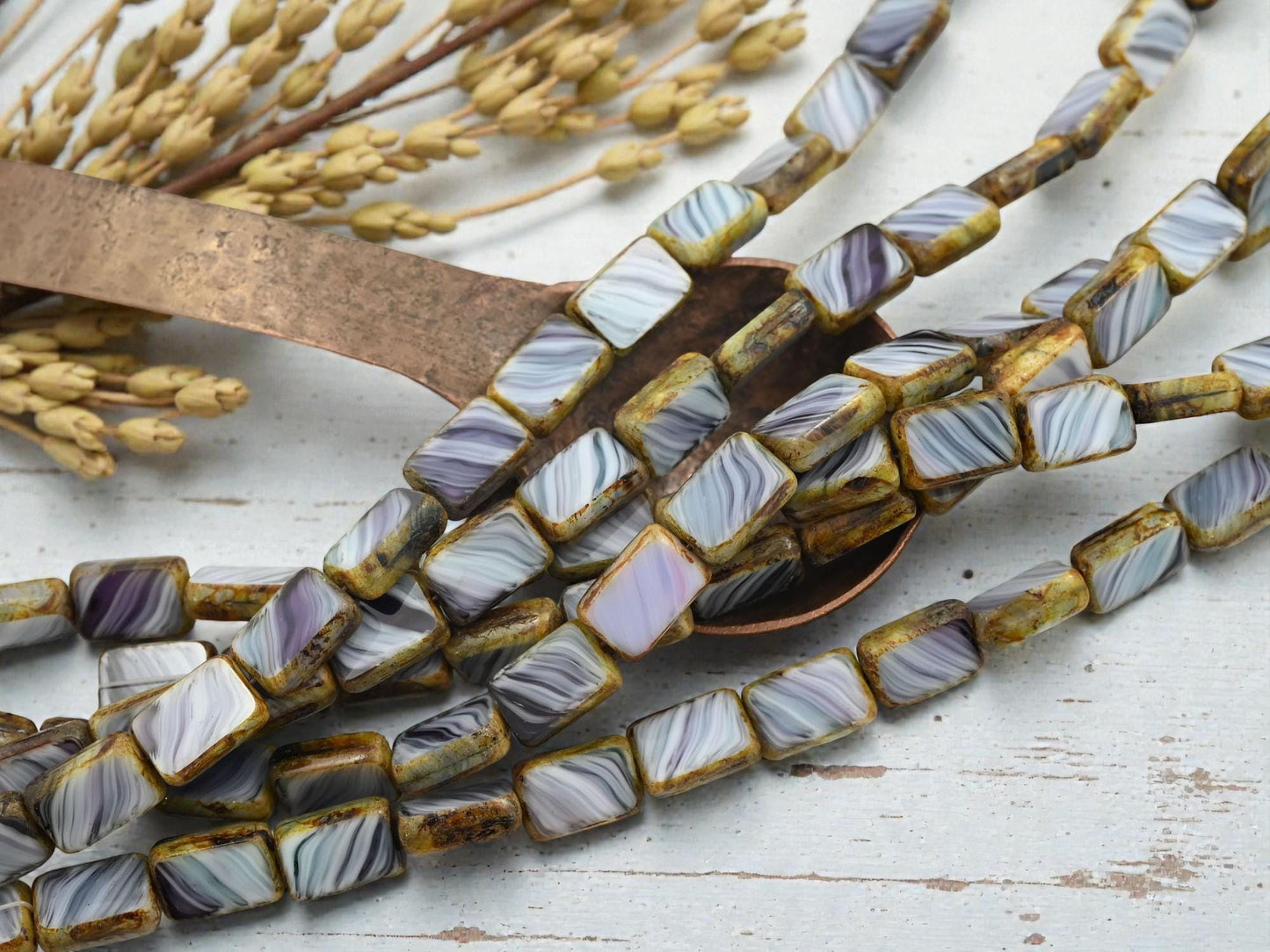 Czech Glass Vintage Old Stock Table Cut Rectangle Beads - Blue Purple White - 8x12mm - 16pcs - (B705)