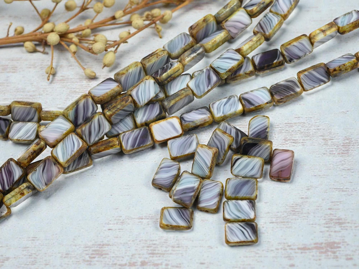 Czech Glass Vintage Old Stock Table Cut Rectangle Beads - Blue Purple White - 8x12mm - 16pcs - (B705)