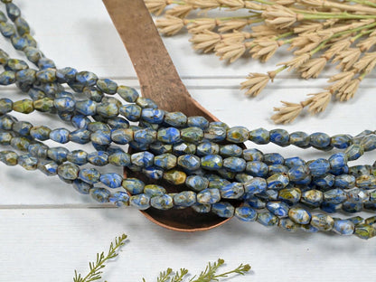 Czech Glass Fire Polished Faceted Tear Drop Beads - Blue Cream Travertine - 5x7mm - 29pcs - (B155)