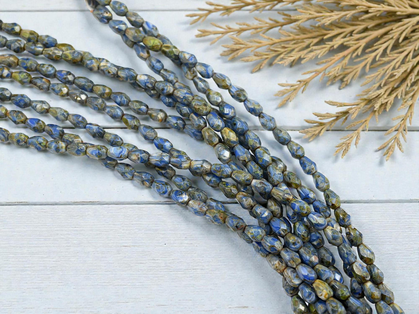 Czech Glass Fire Polished Faceted Tear Drop Beads - Blue Cream Travertine - 5x7mm - 29pcs - (B155)