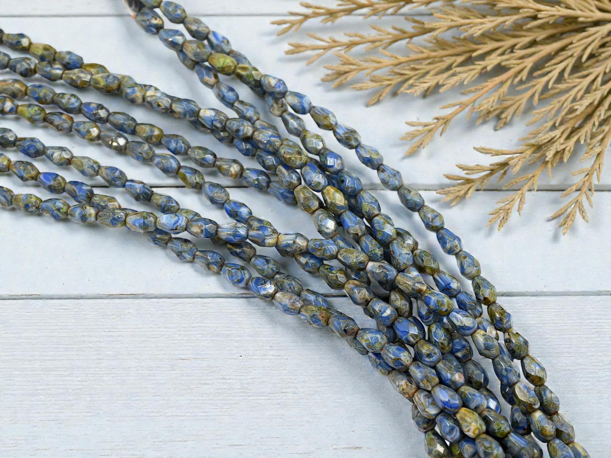 Czech Glass Fire Polished Faceted Tear Drop Beads - Blue Cream Travertine - 5x7mm - 29pcs - (B155)
