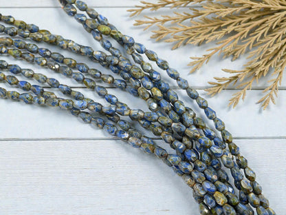 Czech Glass Fire Polished Faceted Tear Drop Beads - Blue Cream Travertine - 5x7mm - 29pcs - (B155)