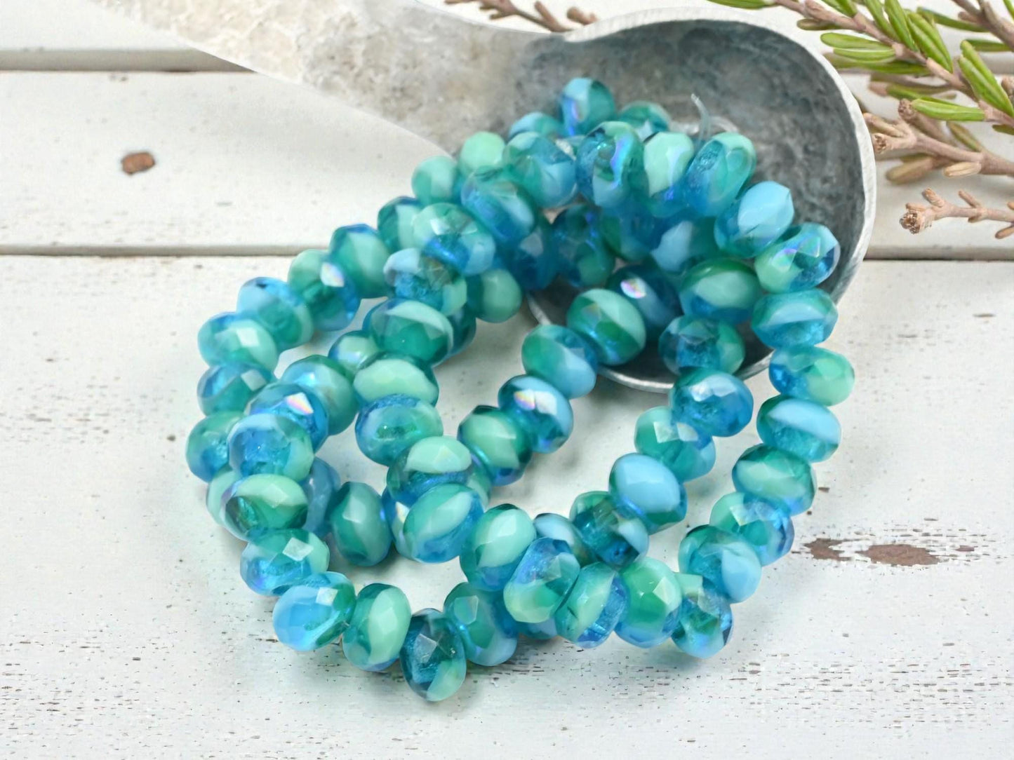 Czech Glass Faceted Large Hole Roller Rondelle Beads - Blended Turquoise AB - 6x9mm - 25pcs (2132)